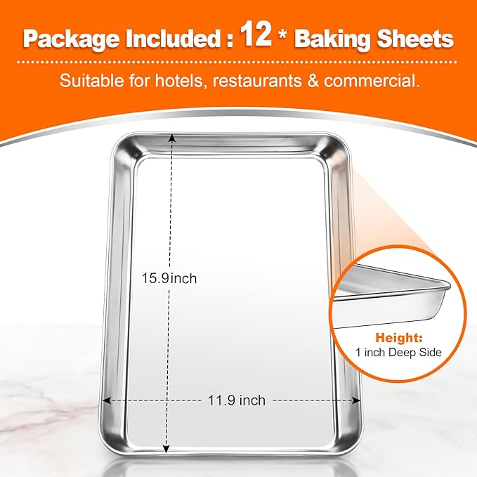 12-Piece 16 Inch Baking Sheet for Baking, Stainless Steel Cookie Sheet