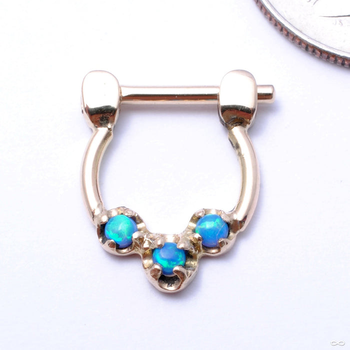 3 Stone Hinged Ring in Gold from Sacred Symbols with Blue Opals