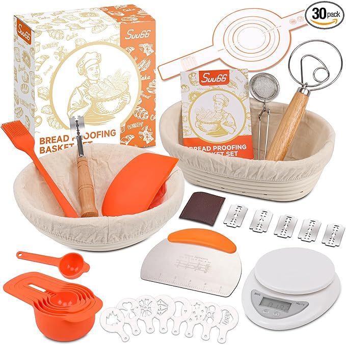 30-Pcs Sourdough Bread Baking Supplies - Sourdough Starter Kit | Including 9 inch Round and 10 inch Oval Banneton Proofing Basket，Precision Measuring Spoons，Electronic scales