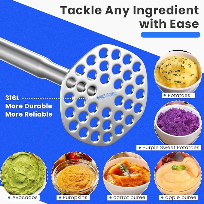 316L Stainless Steel Potato Masher, Dishwasher Safe, Bean Masher