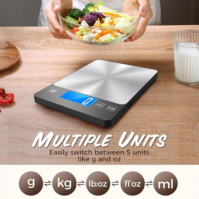 33lb Food Scale, NASA-Grade Digital Kitchen Scale, Precisely Measures Grams and Ounces for Baking and Cooking, Waterproof Tempered Glass & Stainless Steel Platform