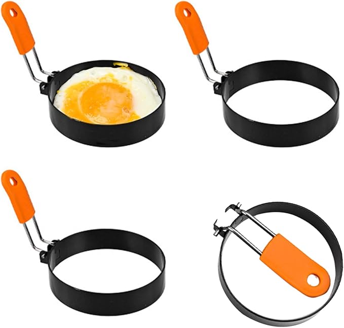 4-Pack 3.5" Egg Rings with Silicone Handles – Nonstick Round Mold for Fried Eggs, Pancakes, English Muffins – Includes Silicone Oil Brush – Ideal for Griddle, Indoor or Camping Cooking