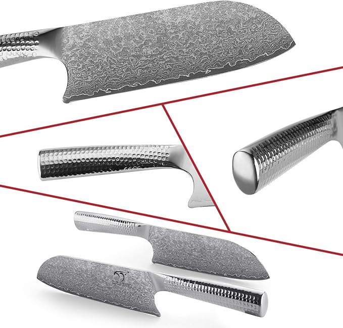 4 Pieces Damascus Kitchen Knife Set With Block - 8" Chef, 7" Santoku, 3.5" Paring, 3 Slots Natural Wood Block, 67 Layer Handmade Damascus VG10 Steel Core, Hammered Ergonomic Handle