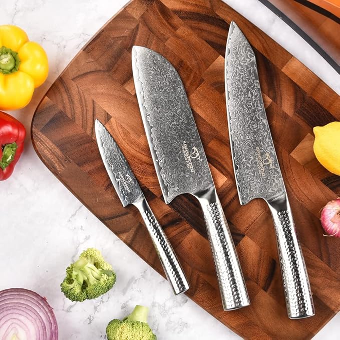 4 Pieces Damascus Kitchen Knife Set With Block - 8" Chef, 7" Santoku, 3.5" Paring, 3 Slots Natural Wood Block, 67 Layer Handmade Damascus VG10 Steel Core, Hammered Ergonomic Handle