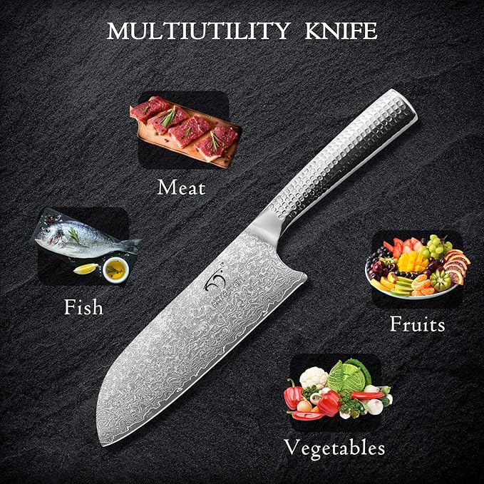 4 Pieces Damascus Kitchen Knife Set With Block - 8" Chef, 7" Santoku, 3.5" Paring, 3 Slots Natural Wood Block, 67 Layer Handmade Damascus VG10 Steel Core, Hammered Ergonomic Handle