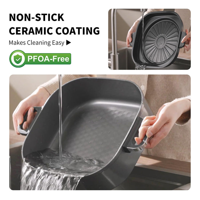 6-Quart Electric Skillet with Grill | Non-Stick PFOA-Free Ceramic-Coated Pot, 1600W, Timer & 3 Power Settings for Steak, Egg, Ramen (Includes Tongs) Pot & Grill