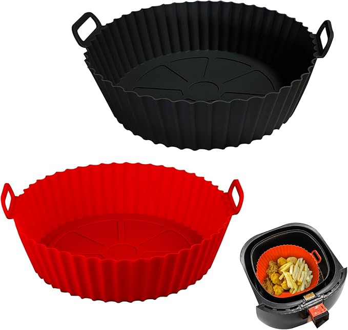 Air Fryer Silicone Liners Pot,8 inch Air Fryer Basket Liners, Silicone Baking Tray Pots for 3 to 5 Qt for Air fryer Oven Reusable Baking Tray Oven Accessories (Red+Black)