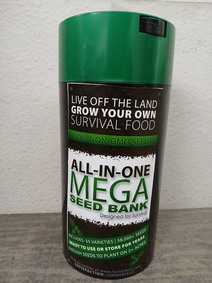 All-in-One Mega Seed Bank with large seed storage vault containing 55 varieties and over 88,000 non-GMO seeds for survival and long-term storage