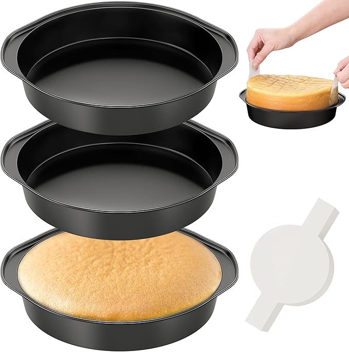 AltarreT 8 Inch Round Cake Pan with Handle, 3PCS Nonstick Cake Pans with 100 PCS Parchment Paper