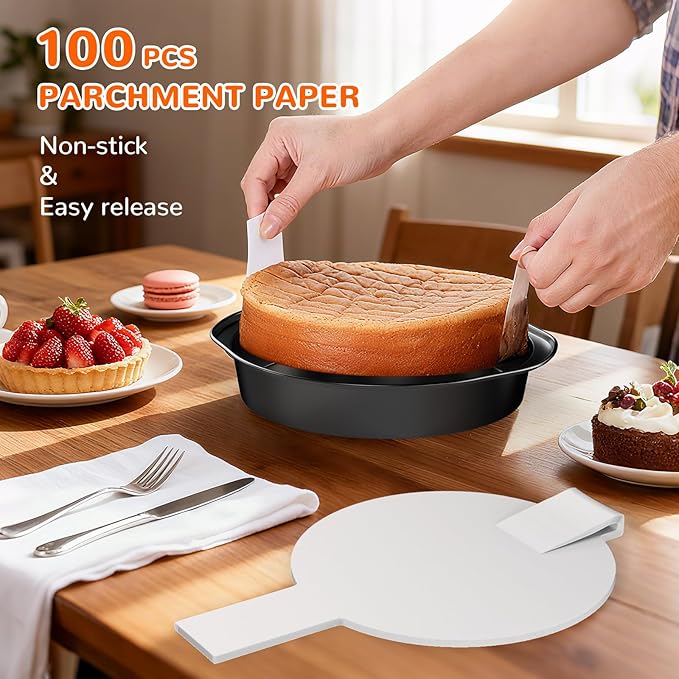 AltarreT 8 Inch Round Cake Pan with Handle, 3PCS Nonstick Cake Pans with 100 PCS Parchment Paper