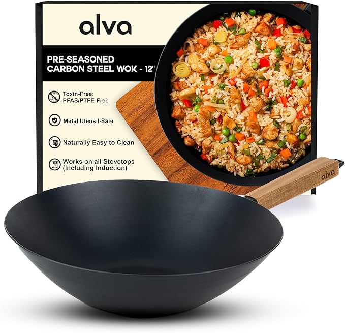 Alva Forest 12" Carbon Steel Naturally Nonstick Wok Pan with Wood Handle