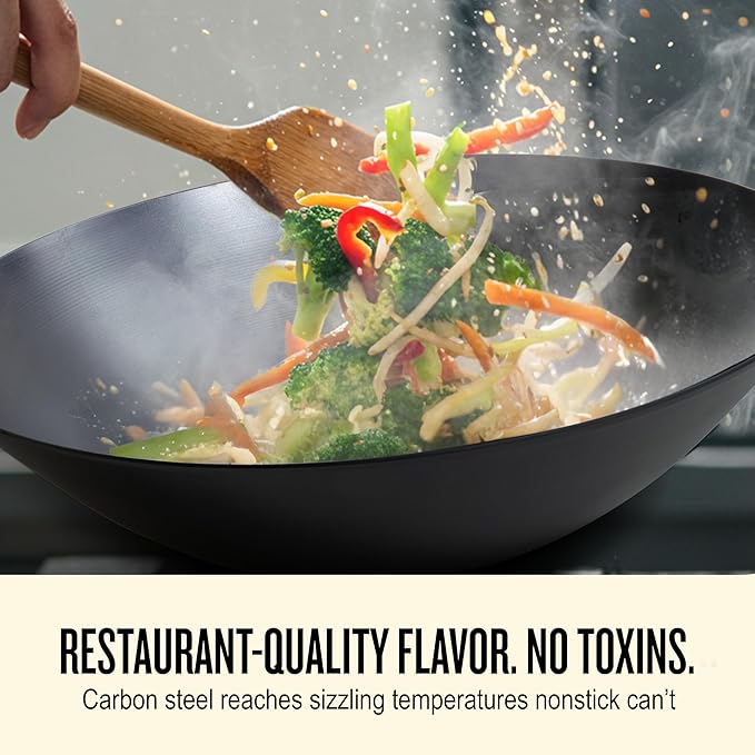 Alva Forest 12" Carbon Steel Naturally Nonstick Wok Pan with Wood Handle