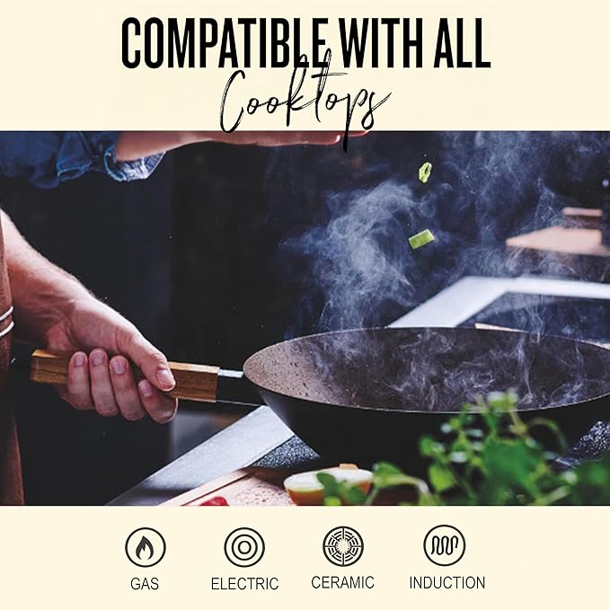 Alva Forest 12" Carbon Steel Naturally Nonstick Wok Pan with Wood Handle