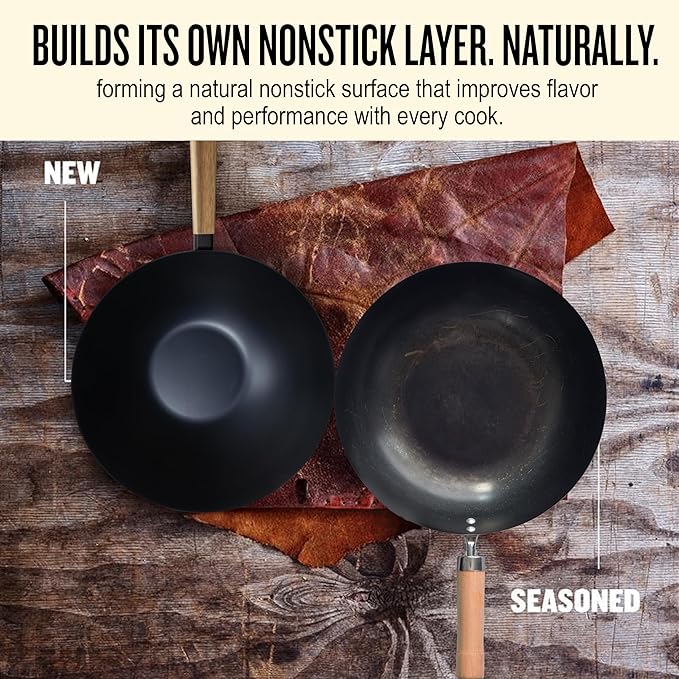Alva Forest 12" Carbon Steel Naturally Nonstick Wok Pan with Wood Handle