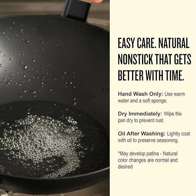 Alva Forest 12" Carbon Steel Naturally Nonstick Wok Pan with Wood Handle