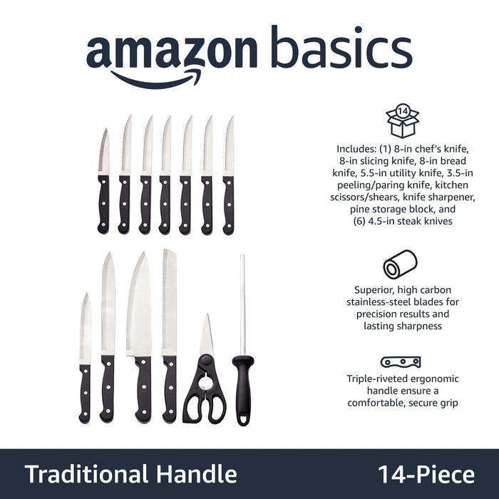 Amazon Basics 14-Piece High Carbon Stainless Steel Kitchen Knife Set with Full Tang Construction, Ergonomic Handles, Sharpener and Pinewood Block, Black