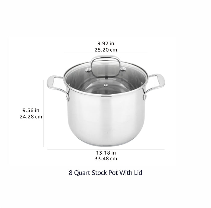 Amazon Basics Stainless Steel Induction Compatible Stock Pot with Glass Lid, Oven Safe, Dishwasher Safe, Sturdy, 8 Quart, Silver