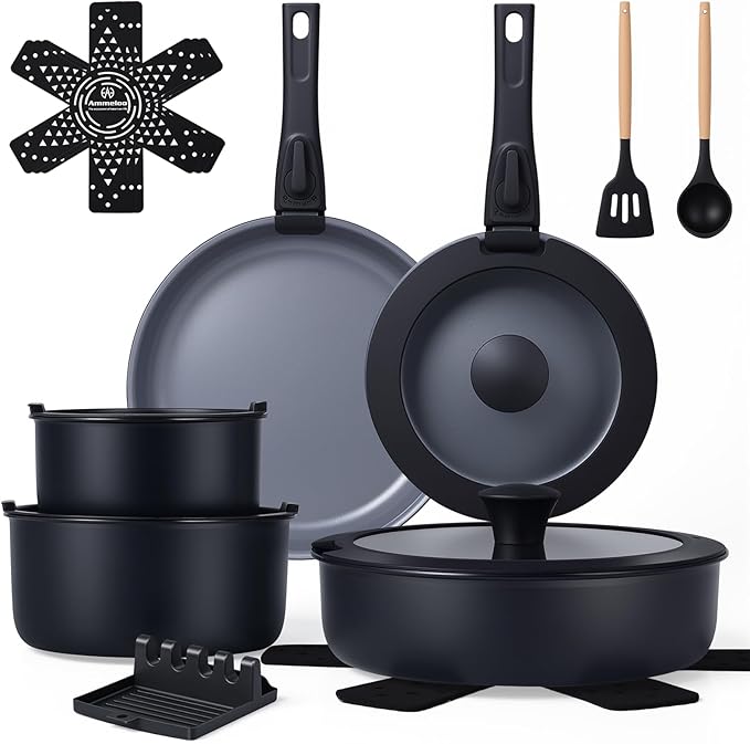 Ammeloo 18-Piece Ceramic Pots and Pans Set Non Stick, Non Toxic Cookware Set with Removable Handles, Pot Sets for Cooking, Induction Ready, Dishwasher & Oven Safe, PFAS PFOA & PTFE Free (Black)