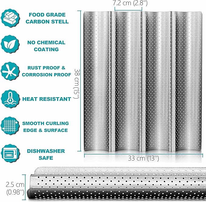 Anaeat Nonstick French Baguette Bread Pan with Thick Professional Proofing Cloth Dough Couche - Long Sourdough Bread Baking Pan Tray for Professional & Home Baker, Perforated Loaves Bake Mold Supplies