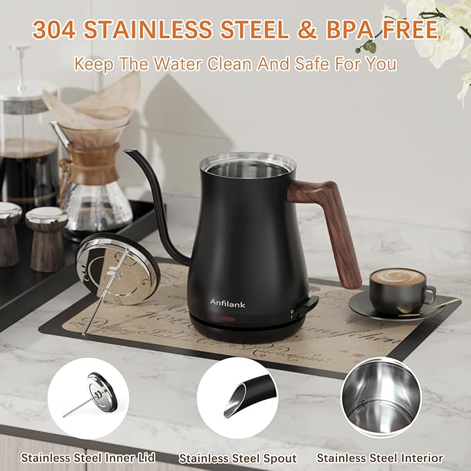 Anfilank Gooseneck Electric Kettle with Thermometer, 0.8L Small Electric Tea Kettle, 1200W Fast Heat, Precision Pour for Coffee & Tea, Auto Shut Off & Dry Boil Protection, Stainless Steel