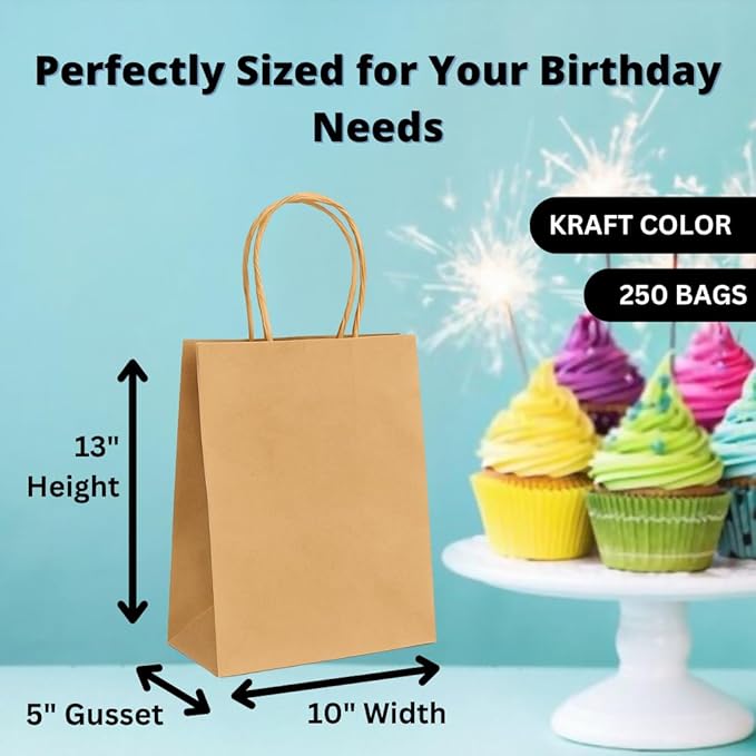 ASSUREPAK Kraft Paper Bags, 10" x 5" x 13", 90 GSM, 250 Count
