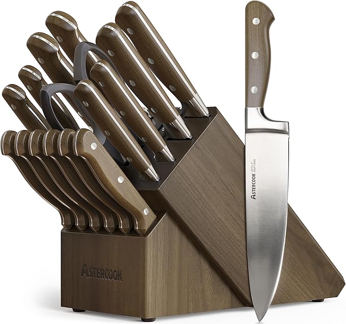 Astercook 17-Piece Knife Block Set with Built-in Sharpener, German Stainless Steel Full Tang Kitchen Knives, Ergonomic Walnut Handle Cutlery Set for Home Cooking & fathers day gift for Dad