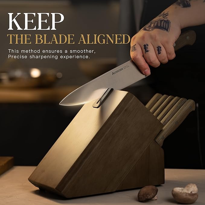 Astercook 17-Piece Knife Block Set with Built-in Sharpener, German Stainless Steel Full Tang Kitchen Knives, Ergonomic Walnut Handle Cutlery Set for Home Cooking & fathers day gift for Dad
