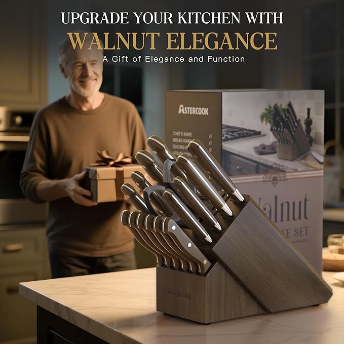 Astercook 17-Piece Knife Block Set with Built-in Sharpener, German Stainless Steel Full Tang Kitchen Knives, Ergonomic Walnut Handle Cutlery Set for Home Cooking & fathers day gift for Dad