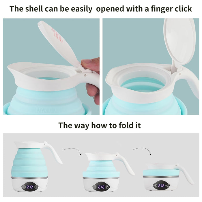 AUCOO Collapsible Travel Kettle, 700mL Small Electric Kettles for Boiling Water, 850W Portable Foldable Kettle with Digital Temperature, 110-220V Dual Voltage, BPA-Free Silicone for Tea & Coffee
