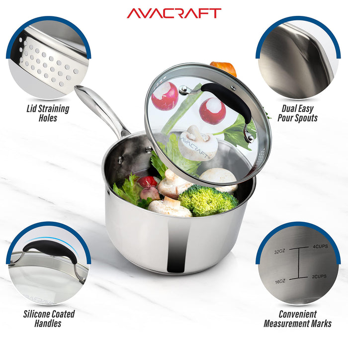 AVACRAFT 1.5 Quart Stainless Steel Saucepan with Glass Strainer Lid