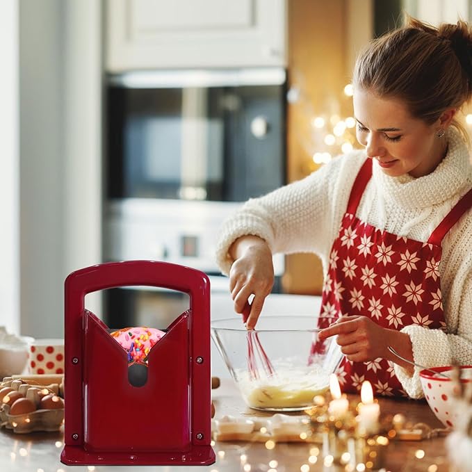 Bagel Slicer, Perfect for Bagels, Safe Grip, Safety Shield, Bagel Cutter Stainless Steel, Universal Slicer (Red)