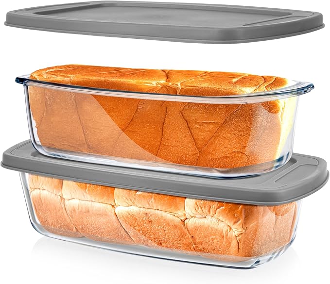 BAKEWAY Jambear Glass Loaf Pans for Baking Bread with Lids 2 Set - 1.9 Qt Glass Loaf Pan | Oven, Dishwasher, Fridge, Freezer & Microwave Safe, Bread Pan Suit for Lasagna, Meatloaf, Banana