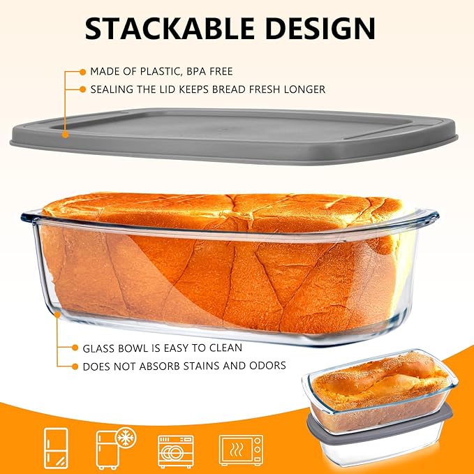 BAKEWAY Jambear Glass Loaf Pans for Baking Bread with Lids 2 Set - 1.9 Qt Glass Loaf Pan | Oven, Dishwasher, Fridge, Freezer & Microwave Safe, Bread Pan Suit for Lasagna, Meatloaf, Banana