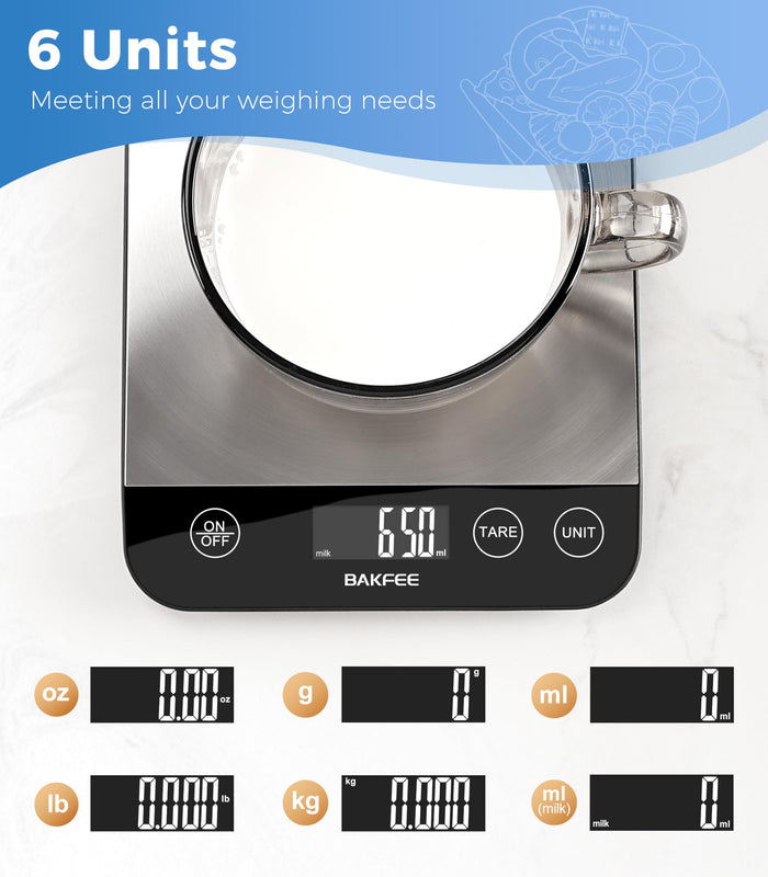 BakFee Food Scale, 33lb Kitchen Scale, 1g Precision, USB-C Charging, Black
