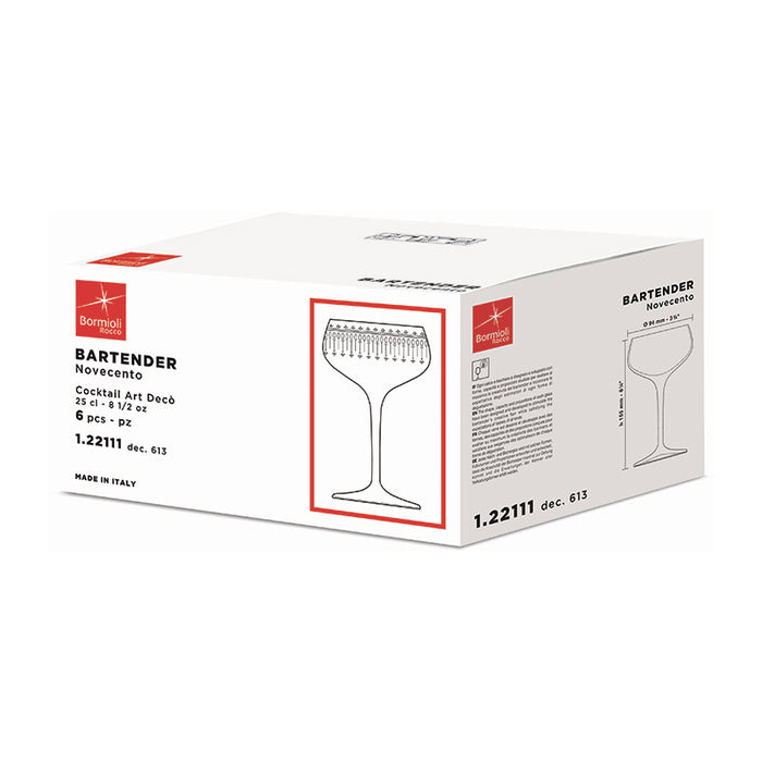 Bartender Novecento Art Deco Calice Cocktail 25 cl Set 6 Pz In Vetro Decorato