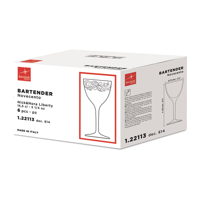 Bartender Novecento Liberty Calice Nick & Nora 15,5 cl Set 6 Pz In Vetro Decorato