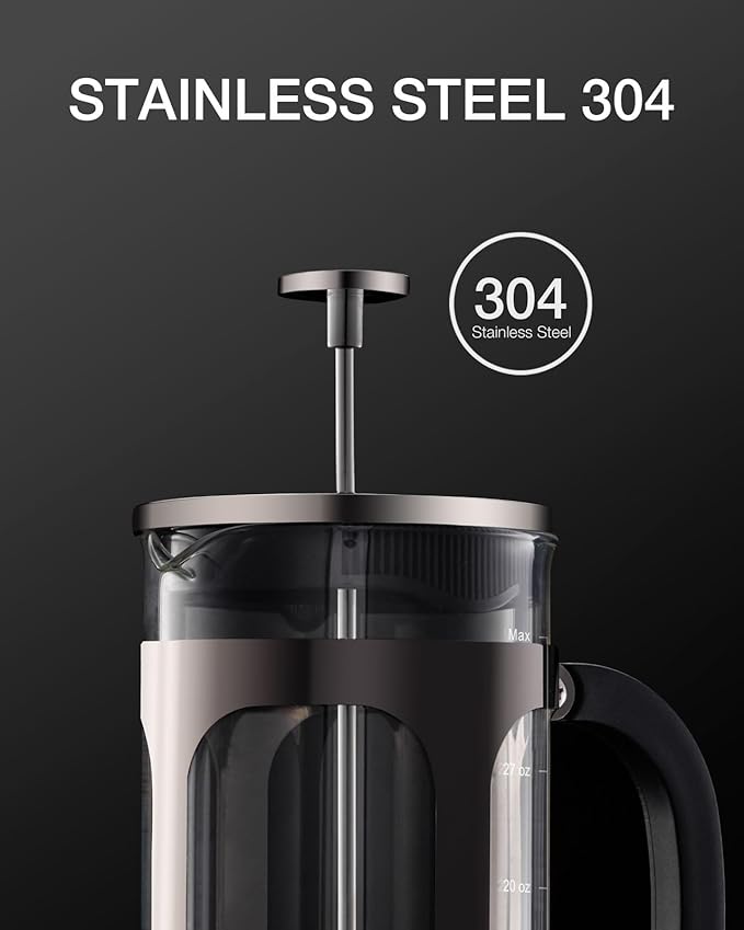 BAYKA French Press Coffee Maker, Easy to use,Large 304 Stainless Steel Coffee Press, Cold Brew Heat Resistant Thickened Borosilicate Coffee Pot for Camping Travel Gifts, 34 Ounce, Dark Pewter