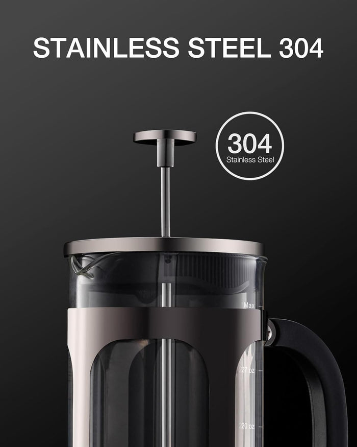 BAYKA French Press Coffee Maker, Easy to use,Large 304 Stainless Steel Coffee Press, Cold Brew Heat Resistant Thickened Borosilicate Coffee Pot for Camping Travel Gifts, 34 Ounce, Dark Pewter