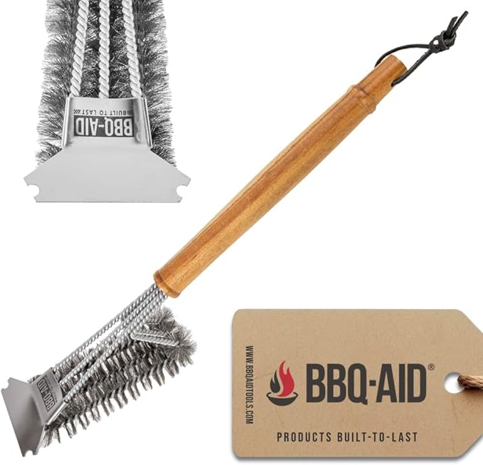 BBQ-AID All Angles BBQ Grill Brush for Outdoor Grill – Cleans All Angles, Large Wooden Handle, and Stainless Steel Bristles - BBQ Brush for Grill Cleaning – Grill Cleaner Brush Safe for BBQ and Grill
