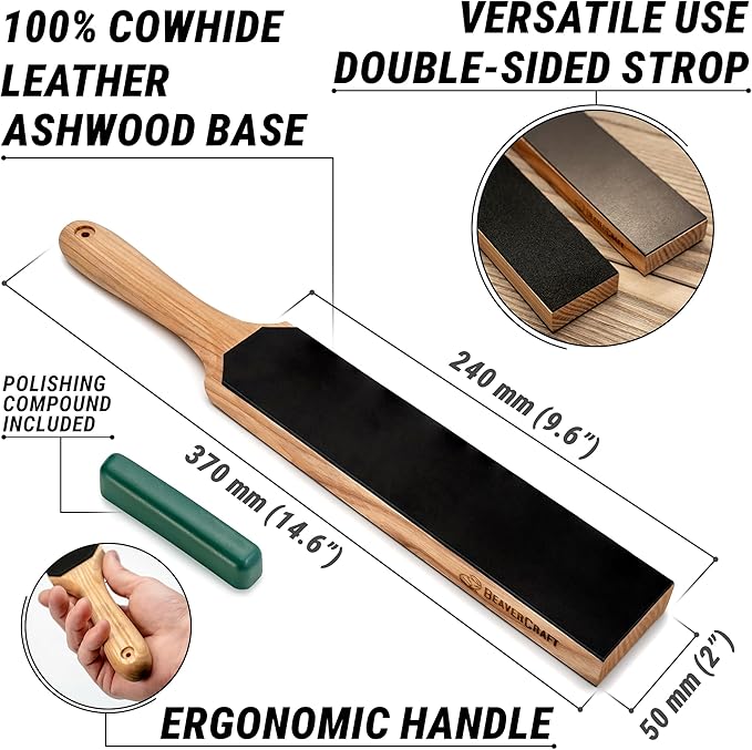 BeaverCraft Leather Strop for Knife Sharpening - Double-Sided Knife Strop & Stropping Compound Kit - Honing Strop Block 14" for Woodcarving Tools, Chisel Knife Sharpening Kit Leather Sharpener LS6P1