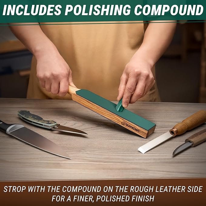 BeaverCraft Leather Strop for Knife Sharpening - Double-Sided Knife Strop & Stropping Compound Kit - Honing Strop Block 14" for Woodcarving Tools, Chisel Knife Sharpening Kit Leather Sharpener LS6P1