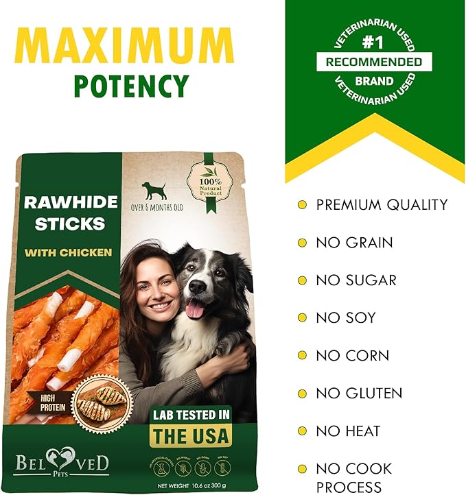Beloved Pets Dog Treats & Long Lasting Rawhide Chews Wrapped Chicken – Pet Bones Sticks for Large, Medium & Small Breeds – Aggressive Chewers Snacks – Puppy Toys Treats
