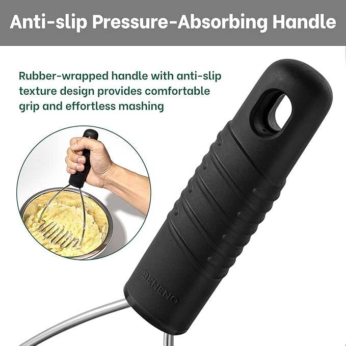 Beneno Ergonomic Soft Grip Stainless Steel Potato Masher, Black