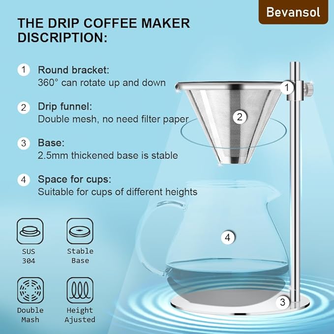 Bevansol Adjustable Stainless Steel Coffee Dripper Stand for Pour Over Brewing - Universal Height Control Holder for Cofee Maker with Double-layer Filter, easy for cleaning