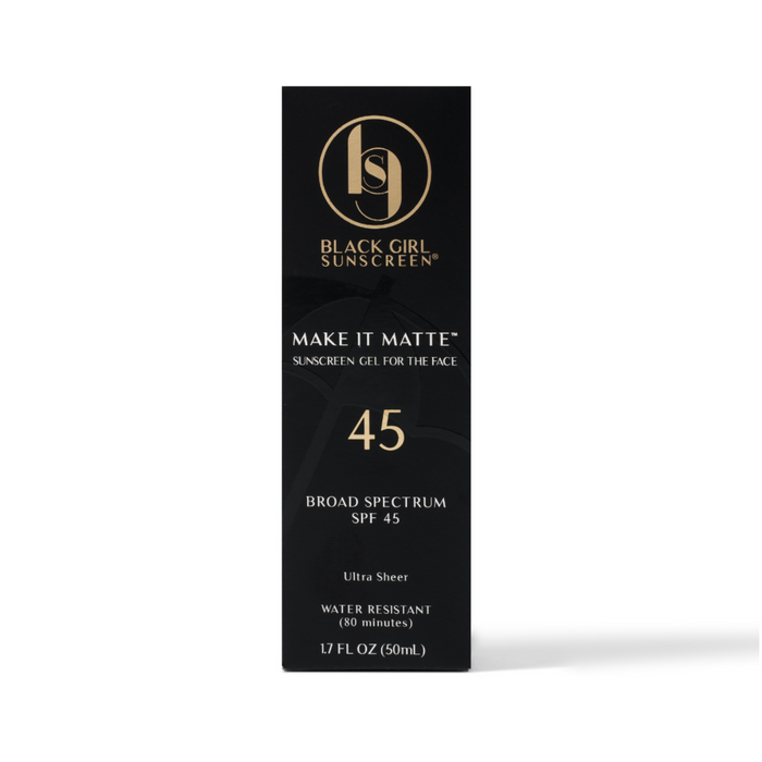 Black Girl Sunscreen SPF 45 Make It Matte face sunscreen gel in black box 1.7 FL OZ water resistant