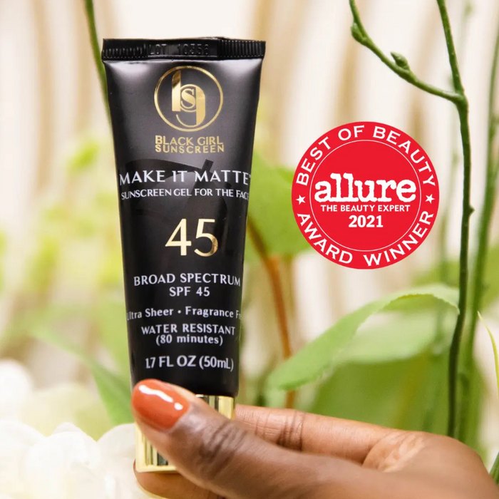 Black Girl Sunscreen SPF 45 Make It Matte face sunscreen gel tube held by hand with Allure award badge