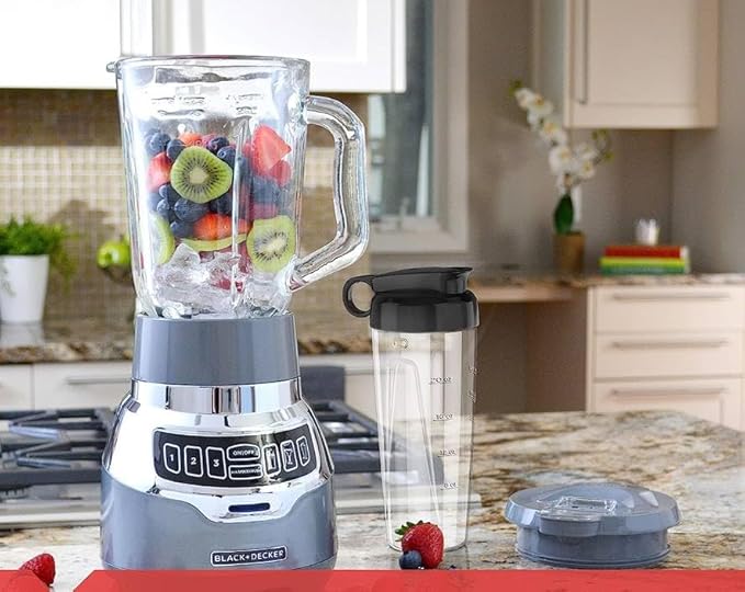 Black+Decker Quiet Blender with 6-Cup Cyclone Glass Jar, 3 Speeds + 3 Functions & Serrated Blade Technology for Faster Blending, Pulse Button and 24-oz Personal Jar, 900W
