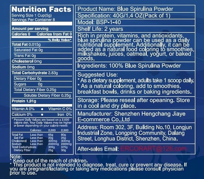 Blue Spirulina Powder - 40g Natural Blue Food Coloring, No Fishy Smell