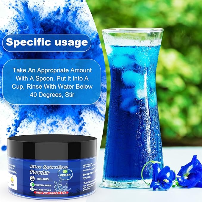 Blue Spirulina Powder - 40g Natural Blue Food Coloring, No Fishy Smell