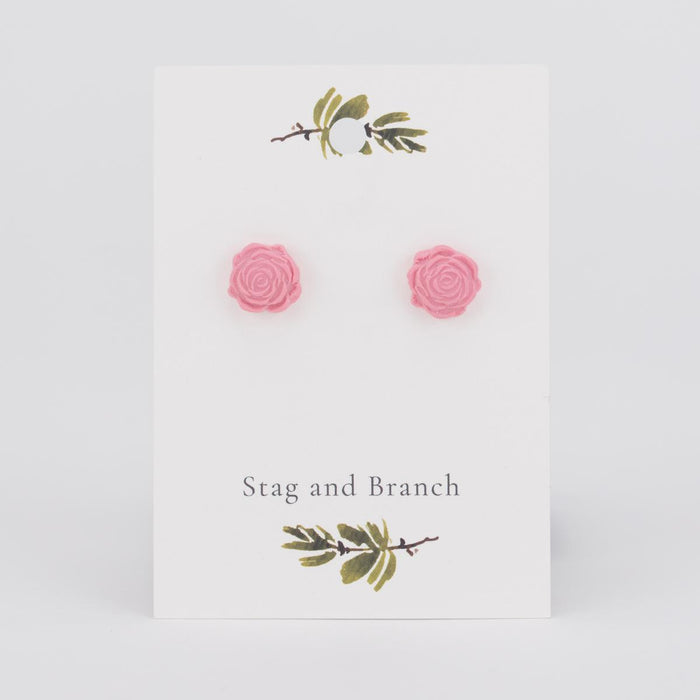 Blush Pink Rose Stud Earrings on card